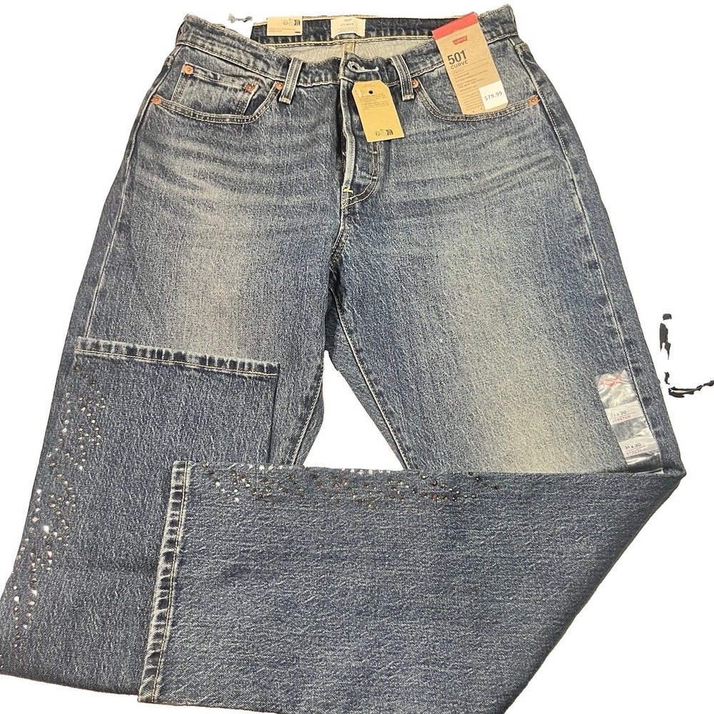 Levis 501 Curve Jeans Womens 31x30 Straight High Rise Stretch Denim Bedazzled